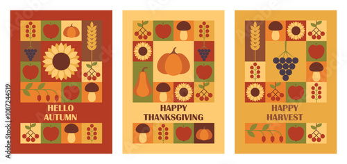 Set of Thanksgiving Day, Harvest Festival and Hello Autumn vertical greeting cards with modern abstract geometric pattern. Vector illustration