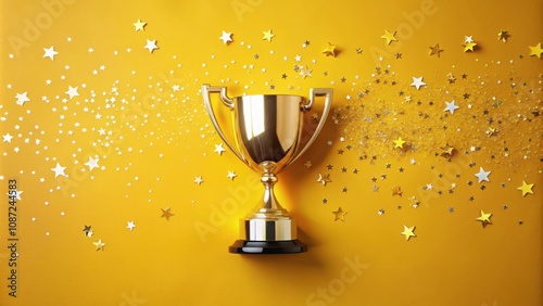 A golden trophy sits on a yellow background surrounded by stars, a symbol of success and achievement.