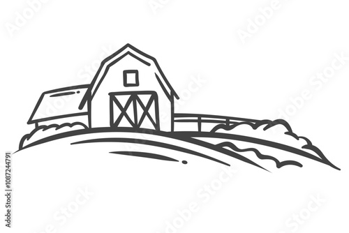 Farm barn with fence in rural landscape line icon. Outline hand drawn farmhouse, stable with barnyard in front. Farmland, countryside mascot, farm ranch on grass field icon vector illustration