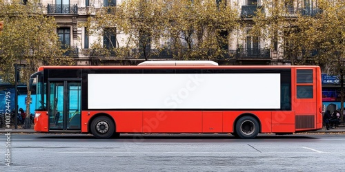 Red City Bus in Urban Setting with Empty Advertising Space Ready for Branding and Marketing Campaigns, Showcasing Modern Transportation in Vibrant Environment