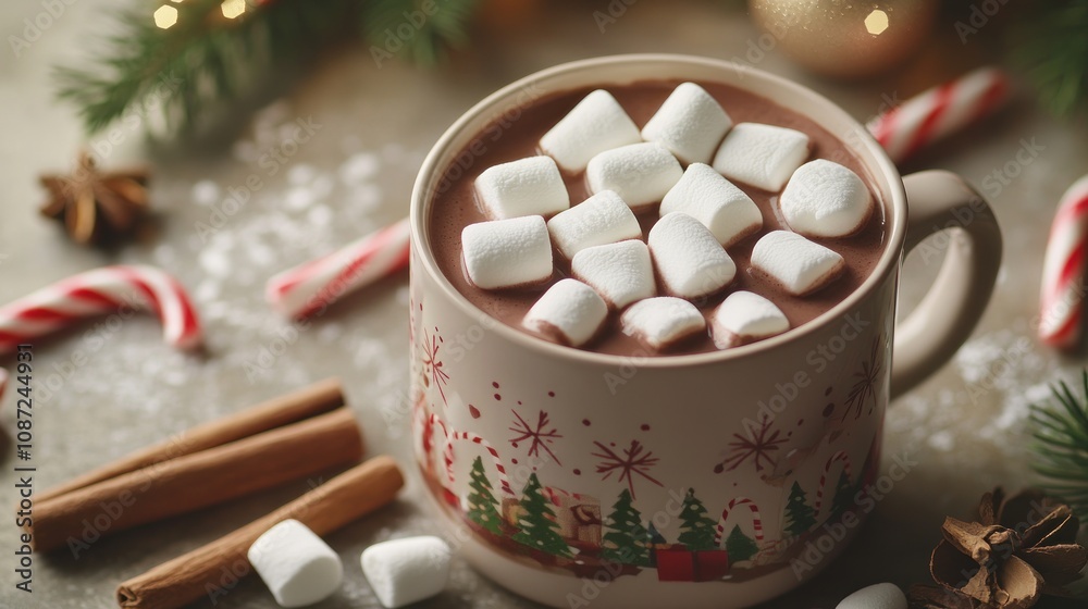 Cozy hot chocolate topped with marshmallows and festive decorations. Cozy hot chocolate topped with marshmallows and festive decorations.