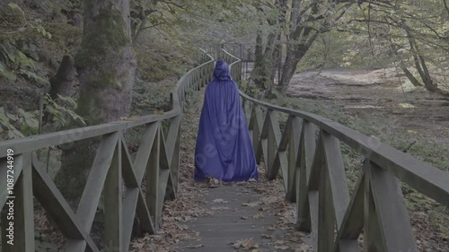 Woman in blue cloak walking on wooden bridge in autumn season