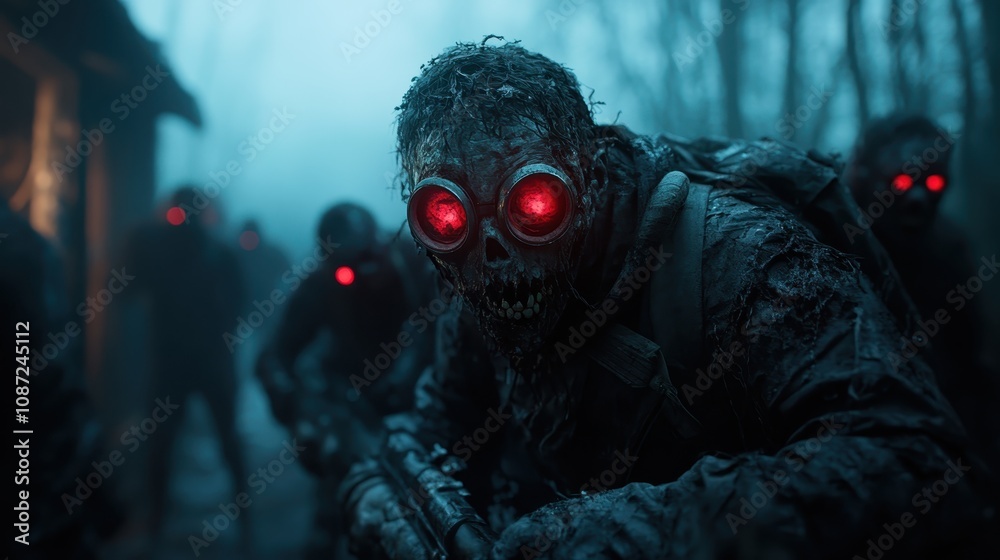 Creepy creatures lurk in a foggy forest with glowing red eyes, presenting a chilling, suspenseful scene with a horror theme, evoking fear and mystery. Creepy creatures lurk in a foggy forest with glowing red eyes, presenting a chilling, suspenseful scene with a horror theme, evoking fear and mystery.
