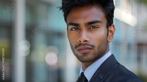 A confident young man in a suit poses outdoors, showcasing professionalism and self-assurance.