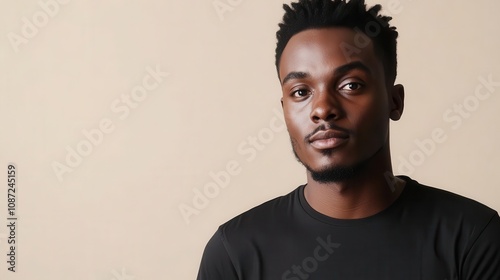 an african american man confidently wears a blank black t-shirt, perfect for showcasing logos or designs, against a simple, unobtrusive background for clear branding