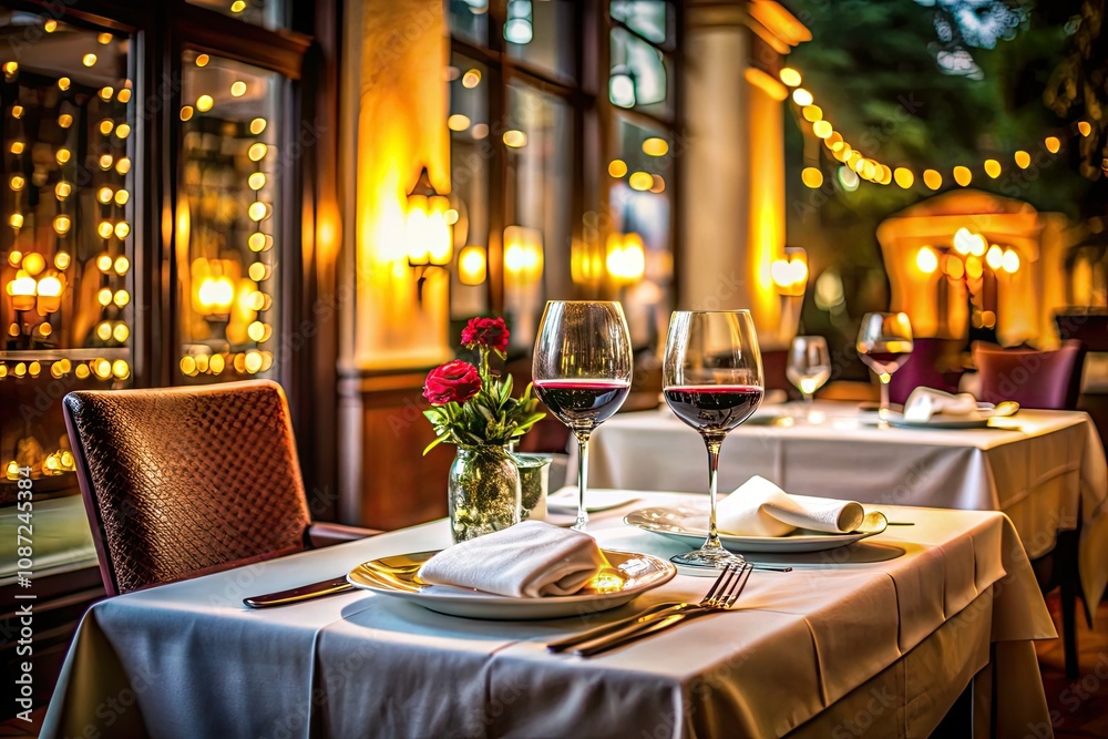 Elegant Restaurant Table Setting with Long Exposure, White Tablecloth, Wine Glasses, Plates, Cutlery, and Menu for Fine Dining Experience Elegant Restaurant Table Setting with Long Exposure, White Tablecloth, Wine Glasses, Plates, Cutlery, and Menu for Fine Dining Experience