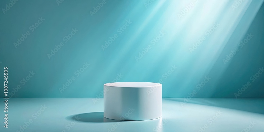 A minimalist blue background with a round white pedestal platform and a single spotlight beaming down from the top. A minimalist blue background with a round white pedestal platform and a single spotlight beaming down from the top.