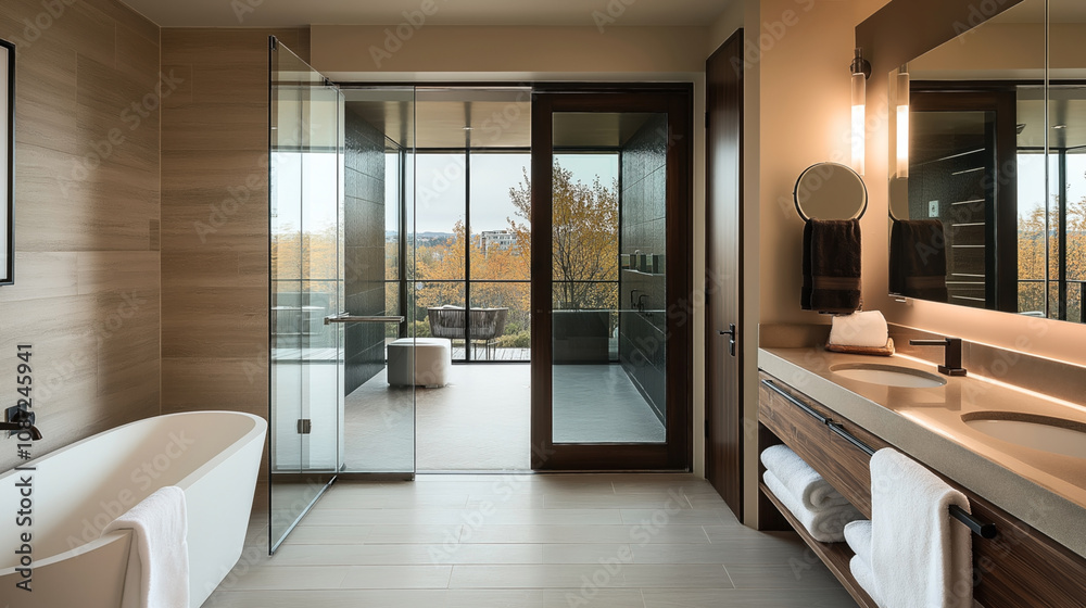 Fototapeta premium Modern bathroom interior with freestanding bathtub, double vanity, glass doors leading to a terrace with outdoor seating, and view of trees in autumn colors through large windows.