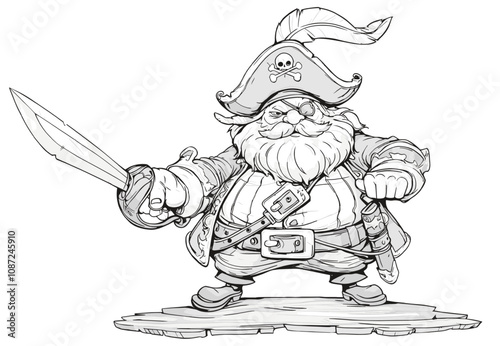 Happy Pirate with Saber Cartoon Character Coloring Page for Kids Fun Pirate Illustration Bold Saber Scene Adventure Drawing for Children Jolly Sea Captain Art Page
