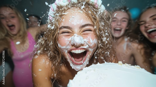A young woman joyously covered with cake during a fun and vibrant party, embodying exuberant celebration, camaraderie, and lighthearted pleasure with friends.