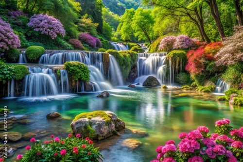 Elegant Seamless Pattern of Natural Clusters in a Vibrant Landscape, Showcasing Lush Greenery, Delicate Flowers, and Serene Water Features for Nature Lovers and Designers