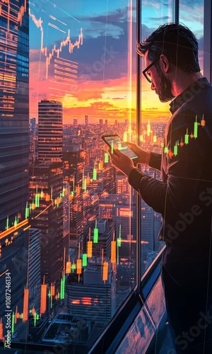 Businessman Analyzing Stock Market Trends with Smartphone in Modern Office Overlooking City Skyline at Dusk with Dynamic Financial Data Visualization