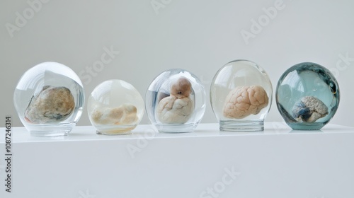 A display of human embryos at various development stages encased in transparent spheres, presenting a thought-provoking scientific concept. photo