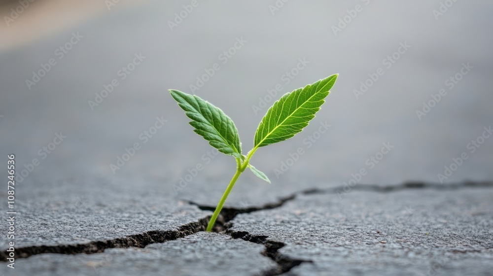 A green plant defiantly sprouts from a crack in concrete, symbolizing resilience and the tenacity of life. A green plant defiantly sprouts from a crack in concrete, symbolizing resilience and the tenacity of life.