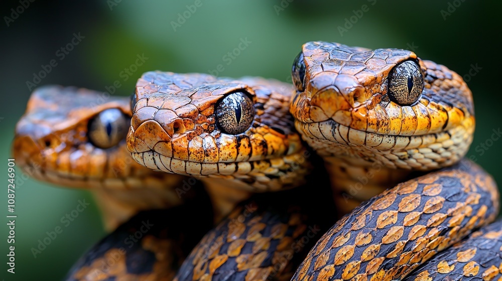 Obraz premium Three snakes closely positioned, showcasing their unique scales and textures