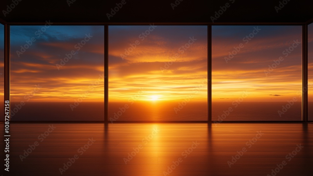 Breathtaking sunset view through large windows with stunning colors and reflections. Breathtaking sunset view through large windows with stunning colors and reflections.