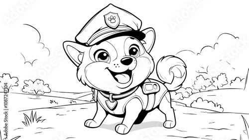 Happy Police Dog Cute Cartoon Character Coloring Page for Kids Playful Loyal Canine Uniform Fun Animal Drawing Kids Activity Patrol Interactive