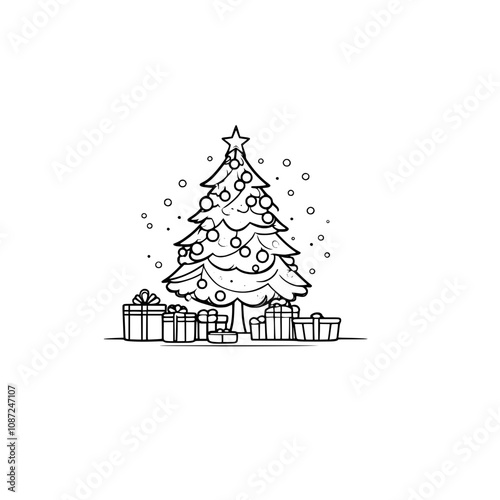 A line drawing of a Christmas tree with presents underneath SVG illustration art 