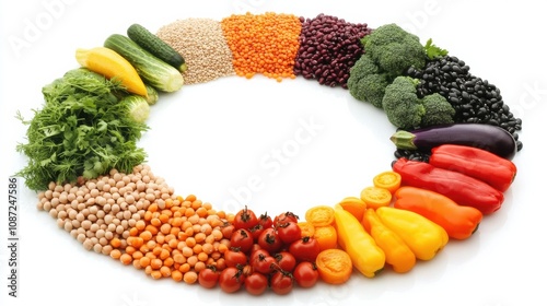 A vibrant array of fresh vegetables, grains, and legumes showcases healthy eating options arranged in a circular pattern. Generative AI
