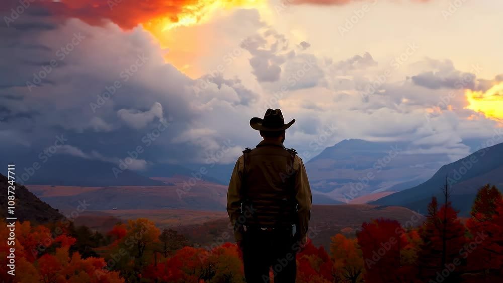 A lone cowboy standing in a scenic autumn landscape with colorful trees and distant mountains under dramatic cloudy skies. A lone cowboy standing in a scenic autumn landscape with colorful trees and distant mountains under dramatic cloudy skies.
