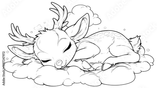 Happy Roe Deer Sleeping on Cloud Cartoon Character Coloring Page for Kids Dreamy Deer Illustration Floating Cloud Scene Relaxing Animal Drawing for Children Cute Fantasy Art Page