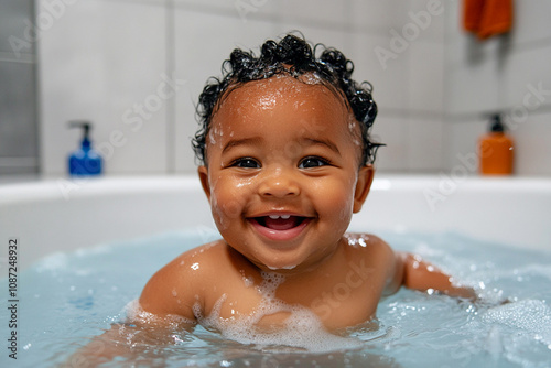 Smiling African baby boy with curly hair enjoying bath time, splashing in a bathtub full of bubbles.