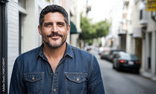 A man in a denim shirt smiles warmly on a quaint street with parked cars and leafy trees, showcasing a relaxed and approachable demeanor.