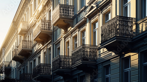 Elegant facade of a historic residential building with ornate wrought iron balconies and large windows, illuminated by soft sunlight in an urban setting.