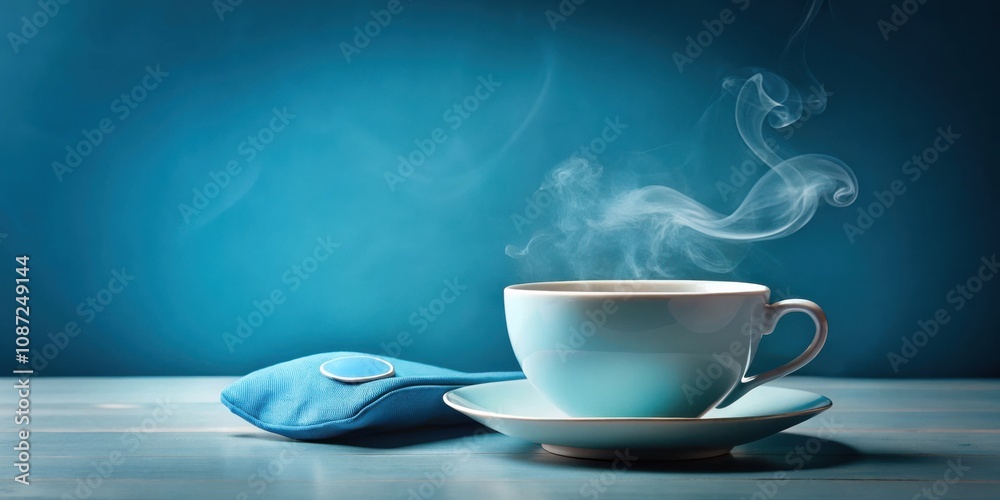 A steaming cup of tea or coffee on a blue wooden surface with a blue fabric pouch in the foreground, the steam rising from the cup curls into beautiful patterns against the blue backdrop. A steaming cup of tea or coffee on a blue wooden surface with a blue fabric pouch in the foreground, the steam rising from the cup curls into beautiful patterns against the blue backdrop.