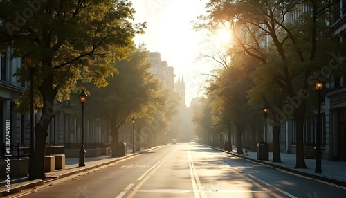 The atmosphere of an empty street with a luxurious city view and park view without any people or vehicles at all