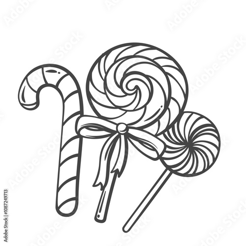 Christmas candy outline vector illustration. Hand drawn striped cane, spiral mint lollipop and round caramel with swirls on sticks, sweet traditional candy gift for Xmas holidays or birthday party