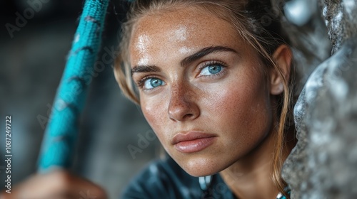 A determined climber grips a rock face, showcasing concentration and physical strength. Her intense gaze underscores her commitment and the challenge of the climb.