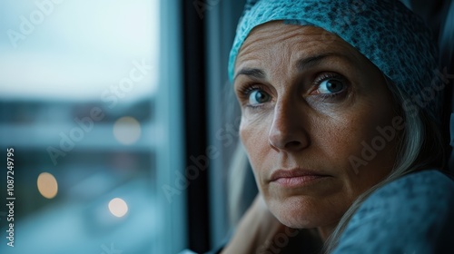 An elderly woman wearing a patterned headscarf gazes with deep contemplation out of a window, reflecting on life as she observes the world beyond.