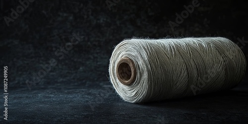 Close-up of a Spool of Grey String on a Dark Background