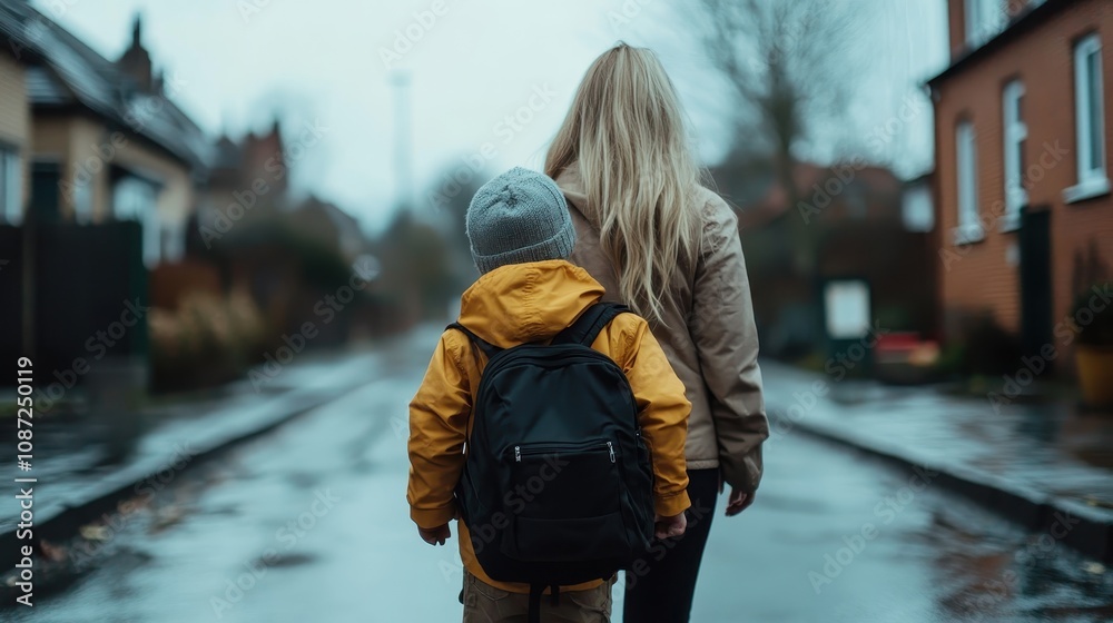 A mother and child, seen from behind, walk down a damp street, dressed warmly, with backpacks, set against a backdrop of suburban houses on a cloudy day. A mother and child, seen from behind, walk down a damp street, dressed warmly, with backpacks, set against a backdrop of suburban houses on a cloudy day.