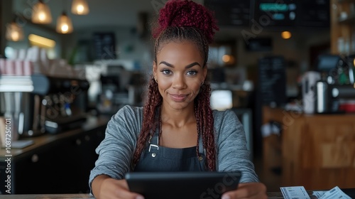 A friendly barista with braided hair smiling warmly from behind the counter in a cozy café setting, holding a tablet, ready to assist with orders. photo