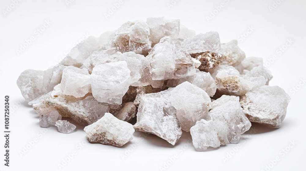 White Mineral Crystals in a Pile on White Background White Mineral Crystals in a Pile on White Background