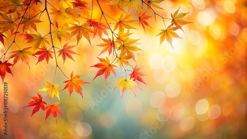 Autumnal Branch with Vibrant Red and Gold Leaves Against a Soft Bokeh Background