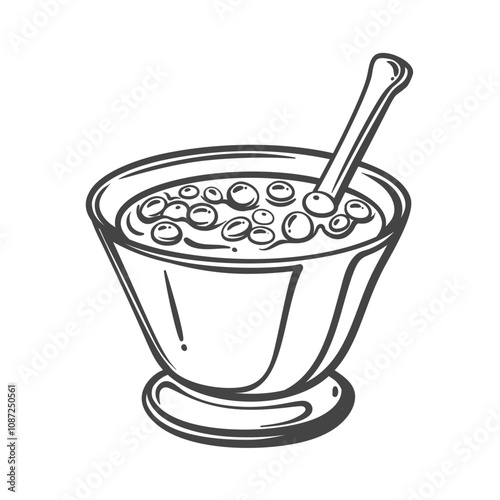 Cranberry sauce for Christmas food outline vector illustration. Hand drawn glass cup with red berry dip, sweet and sour condiment for roast meats, fruit jam in gravy boat for serving Christmas dinner