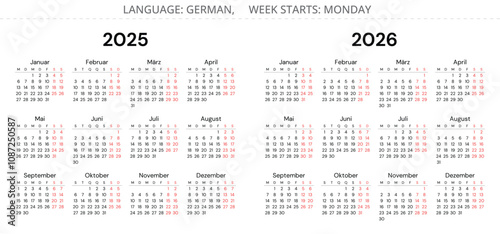2025 and 2026 german calendars. Printable vector illustration sets Germany - kalender