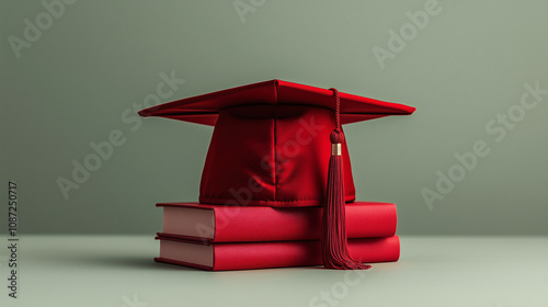 A red graduation cap and books on a light green background