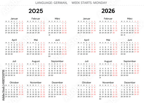 2025 and 2026 german calendars. Printable vector illustration sets Germany - kalender