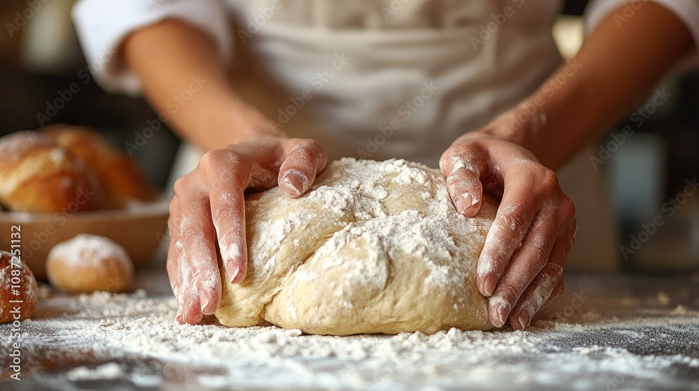 Person baking bread at home, kneading dough on a floured countertop Person baking bread at home, kneading dough on a floured countertop
