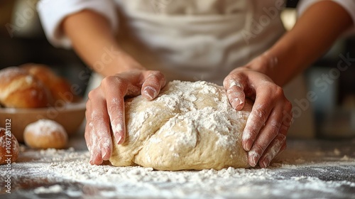 Person baking bread at home, kneading dough on a floured countertop