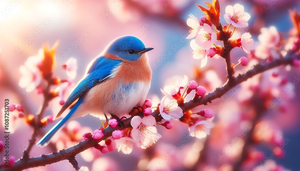 Obraz premium Bluebird Resting on Cherry Blossom Branch in Warm Spring Light. generator AI