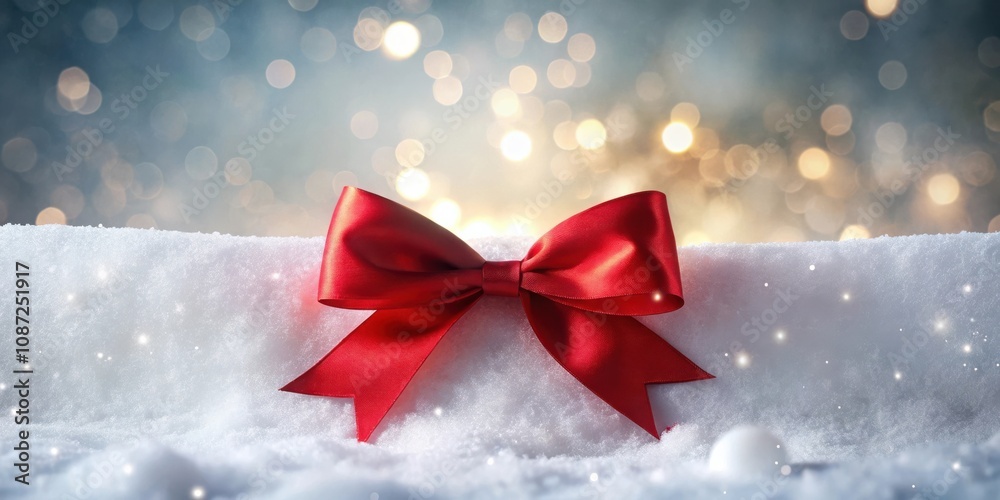 A festive red satin bow adorns a snowy landscape, bathed in a soft, ethereal glow. A festive red satin bow adorns a snowy landscape, bathed in a soft, ethereal glow.