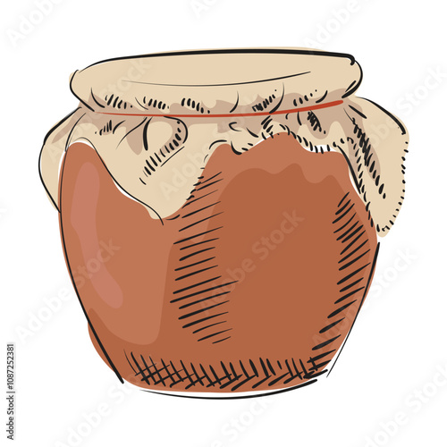 Clay pot or jar with honey covered with cloth or paper. Farm organic product. Container for storing milk, honey, sour cream, butter, jam and dairy product. Hand drawn vector isolated illustration.