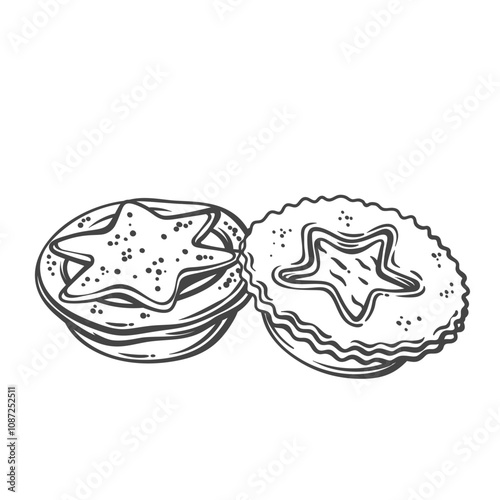 Christmas mince pie outline vector illustration. Hand drawn cake with fruit mincemeat, Xmas tart with crust star shape decoration and sweet snack cooking for traditional Christmas celebration