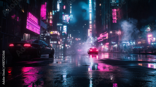 Neon-lit city streets at night featuring cars navigating through rainy urban environment