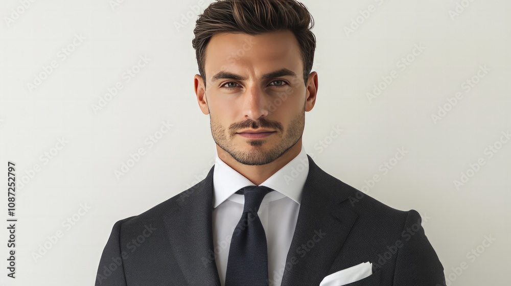 Professional male portrait studio setting fashion photography neutral background close-up shot confidence and elegance Professional male portrait studio setting fashion photography neutral background close-up shot confidence and elegance